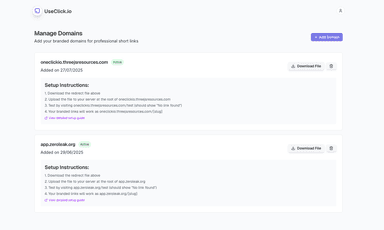 Custom domains interface showing branded link configuration