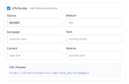 UTM builder interface with parameter input fields and preview of generated tracking URLs