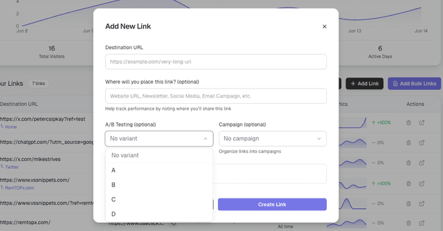 A/B testing interface showing multiple link variations