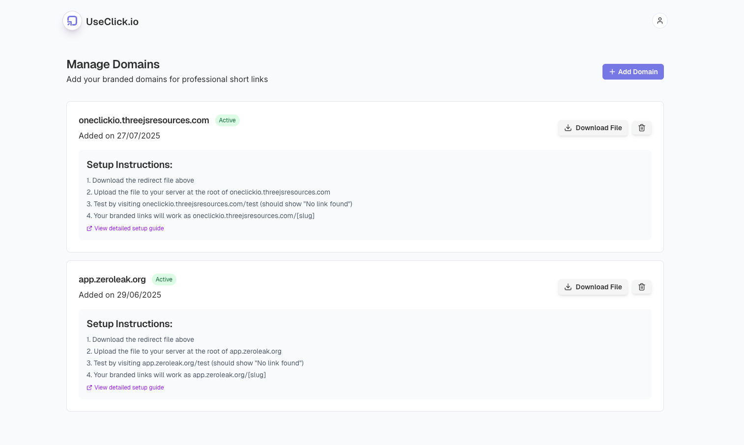 Custom domains interface showing domain configuration and management